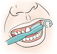 Closeup of mouth showing toothbrush brushing upper teeth.