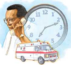 Collage of man on telephone, clock, and ambulance.
