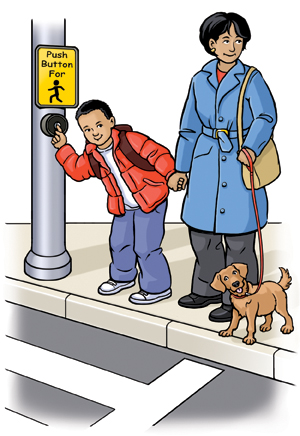 Mujer y niño de pie en un cruce de calles, tomados de la mano. El niño presiona el botón para cruzar la calle. La mujer tiene un perro con correa.