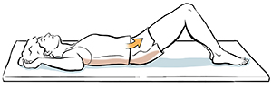 Mujer acostada boca arriba con las rodillas flexionadas. La flecha indica cómo la zona pélvica flexiona la columna vertebral.