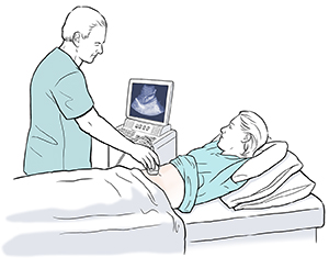 Proveedor de atención médica haciéndole una ecografía a una mujer embarazada.